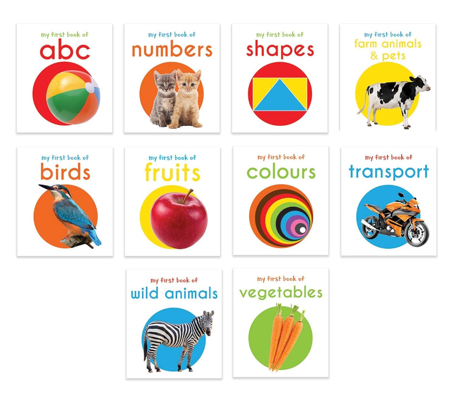 My First Library: Boxset of 10 Board Books for Kids (Pack 1) | Includes ABC, Numbers, Shapes, Colors, Wild Animals, Farm Animals & Pets, Birds, Fruits, Vegetables & Transport | Early Learning Board Books for Babies, Toddlers & Preschoolers | Ages 0-3 Years - Image 3